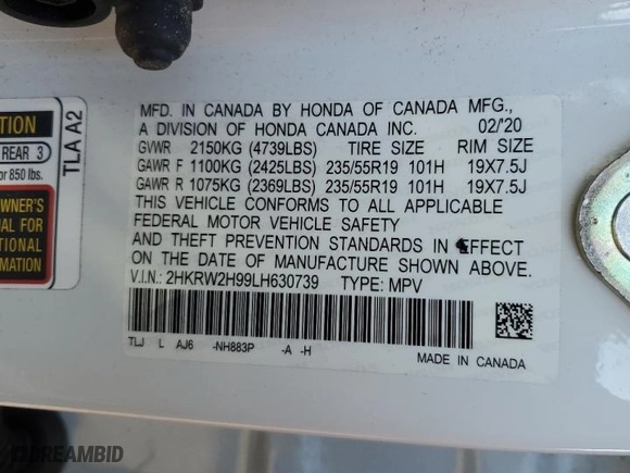 2020 Honda CR-V Touring with VIN 2HKRW2H99LH630739, listed as a Copart auction lot 48284285 with 101,803 mi miles and Salvage Title. Bid and sale history available at carsss.com. Image 13.