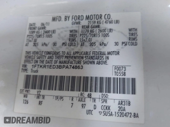 2011 Ford Ranger XL with VIN 1FTKR1ED3BPA74863, listed as a IAAI auction lot 42482532 with 328,642 mi miles and . Bid and sale history available at DreamBid. Image 9.