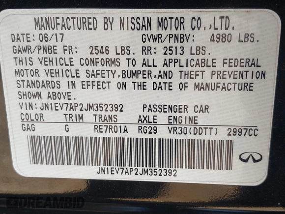 2018 Infiniti Q50 Luxe with VIN JN1EV7AP2JM352392, listed as a IAAI auction lot 41996631 with 90,492 mi miles and . Bid and sale history available at carsss.com. Image 9.