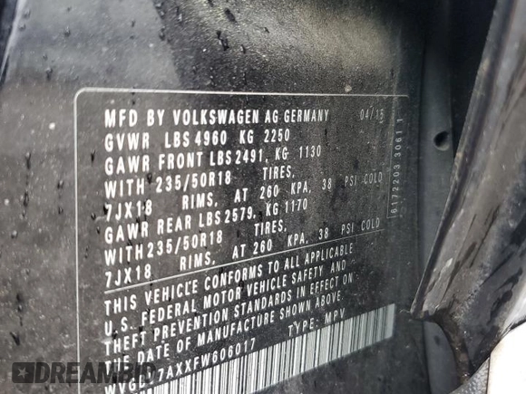 2015 Volkswagen Tiguan SE z VIN WVGBV7AXXFW606017, wystawiony jako Copart lot #51005745 z przebiegiem Nie podano mil oraz Szkoda całkowita • Salvage title. Historia ofert i sprzedaży dostępna na DreamBid. Obrazek 12.