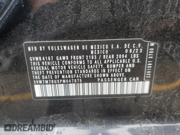 2023 Volkswagen Jetta SE с VIN 3VW7M7BUXPM047875, выставлен на аукционе Copart как лот 53743505 с пробегом 50 420 миль миль и На запчасти • Non repairable. История ставок и продаж доступна на DreamBid. Изображение 13.