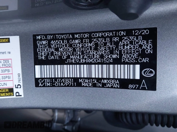 2021 Lexus UX with VIN JTHE9JBHXM2041524, listed as a IAAI auction lot 41826191 with 39,705 mi miles. Bid and sale history available at carsss.com. Image 9.