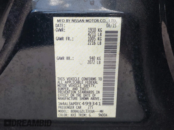 2015 Nissan Altima S z VIN 1N4AL3AP0FC499341, wystawiony jako IAAI lot #42322450 z przebiegiem 136 943 mil mil oraz . Historia ofert i sprzedaży dostępna na DreamBid. Obrazek 9.