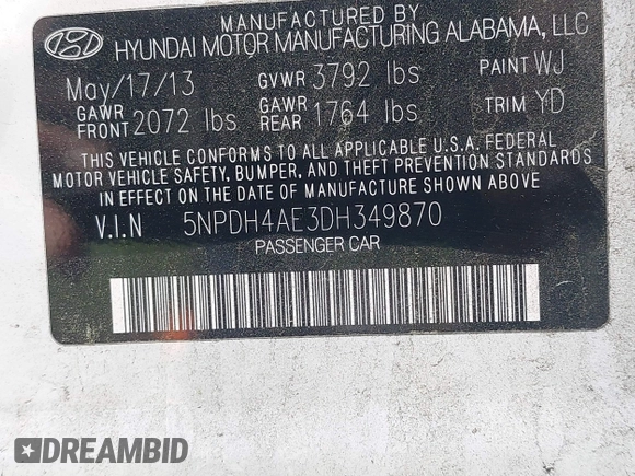 2013 Hyundai Elantra GLS with VIN 5NPDH4AE3DH349870, listed as a IAAI auction lot 42152053 with 140,932 mi miles and . Bid and sale history available at DreamBid. Image 9.