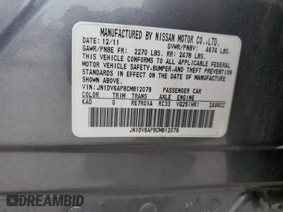 2012 Infiniti G25 Journey with VIN JN1DV6AP8CM812079, listed as a Copart auction lot 56431805 with 116,278 mi miles and Salvage title. Bid and sale history available at DreamBid. Image 12.