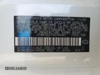 2010 Lexus IS 250 with VIN JTHBF5C27A2096487, listed as a Copart auction lot 58865595 with 178,751 mi miles and Salvage title. Bid and sale history available at DreamBid. Image 13.