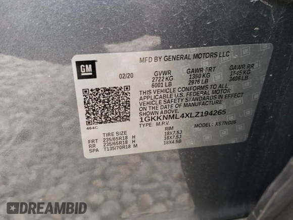 2020 GMC Acadia SLT with VIN 1GKKNML4XLZ194265, listed as a Copart auction lot 89054915 with 94,531 mi miles and Salvage Title. Bid and sale history available at DreamBid. Image 13.