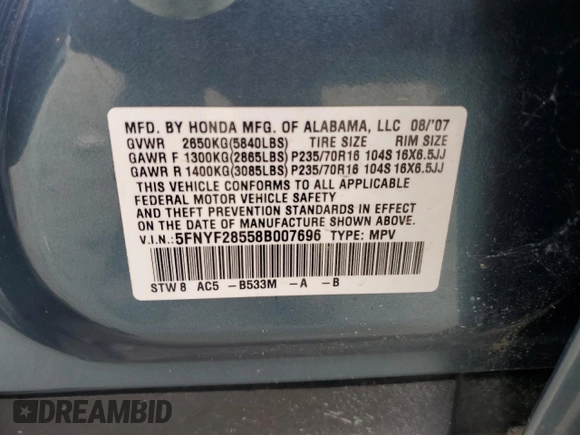2008 Honda Pilot EX-L z VIN 5FNYF28558B007696, wystawiony jako Copart lot #56102065 z przebiegiem 56 442 mil mil oraz Szkoda całkowita • Salvage title. Historia ofert i sprzedaży dostępna na DreamBid. Obrazek 13.