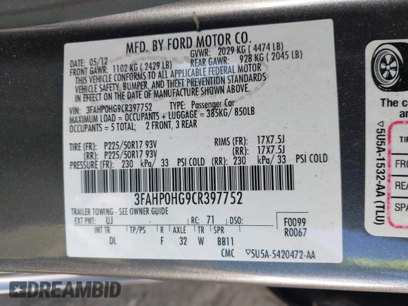 2012 Ford Fusion SE z VIN 3FAHP0HG9CR397752, wystawiony jako IAAI lot #42472550 z przebiegiem 120 135 mil mil oraz . Historia ofert i sprzedaży dostępna na DreamBid. Obrazek 9.