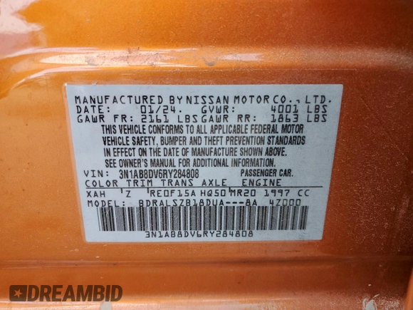 2024 Nissan Sentra SR with VIN 3N1AB8DV6RY284808, listed as a Copart auction lot 61108905 with 12,015 mi miles and Salvage title. Bid and sale history available at DreamBid. Image 12.