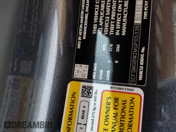 2021 Aston Martin Vantage z VIN SCFSMGBW2MGP05338, wystawiony jako Copart lot #80123274 z przebiegiem Nie podano mil oraz Szkody całkowita. Historia ofert i sprzedaży dostępna na DreamBid. Obrazek 15.
