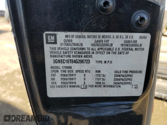 2004 Chevrolet Suburban LT with VIN 3GNEC16T84G296723, listed as a Copart auction lot 42646365 with 0 mi miles and Salvage Title. Bid and sale history available at carsss.com. Image 13.