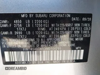 2021 Subaru Outback Premium with VIN 4S4BTAFC6M3104290, listed as a IAAI auction lot 42251214 with 20,063 mi miles and . Bid and sale history available at DreamBid. Image 9.