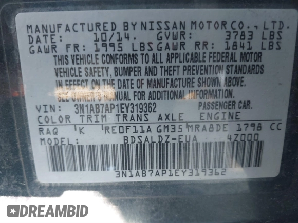 2014 Nissan Sentra S with VIN 3N1AB7AP1EY319362, listed as a IAAI auction lot 41717144 with 217,359 mi miles and . Bid and sale history available at DreamBid. Image 9.