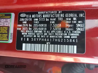 2017 Kia Sorento EX with VIN 5XYPH4A17HG215841, listed as a Copart auction lot 44228975 with 139,968 mi miles and Salvage title. Bid and sale history available at DreamBid. Image 16.