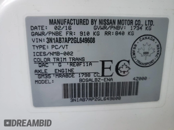2016 Nissan Sentra SR with VIN 3N1AB7AP2GL649608, listed as a Copart auction lot 67403691 with 128,456 mi miles and Salvage Title. Bid and sale history available at DreamBid. Image 10.