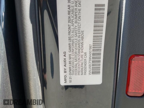 2022 Audi A5 Sportback Premium with VIN WAUABCF59NA007997, listed as a Copart auction lot 72692294 with 20,929 mi miles and Salvage Title. Bid and sale history available at carsss.com. Image 12.