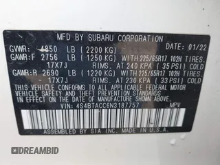 2022 Subaru Outback Premium с VIN 4S4BTACC6N3187757, выставлен на аукционе IAAI как лот 42108362 с пробегом 80 398 миль миль и . История ставок и продаж доступна на DreamBid. Изображение 9.