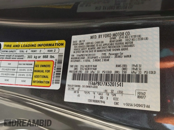 2019 Ford Mustang GT with VIN 1FA6P8CF7K5201541, listed as a IAAI auction lot 41360159 with 11,867 mi miles. Bid and sale history available at carsss.com. Image 9.