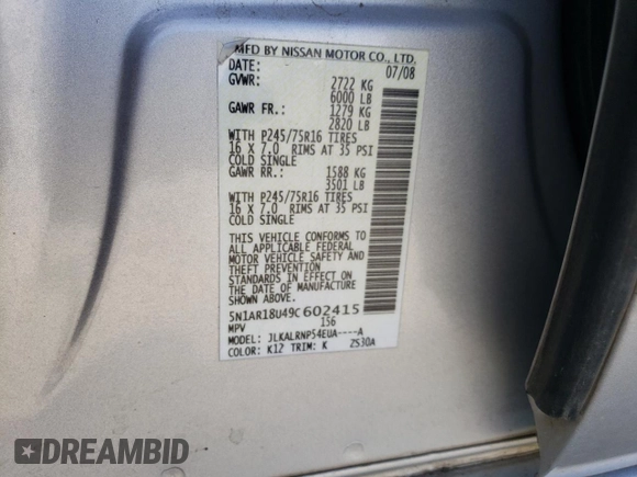 2009 Nissan Pathfinder LE z VIN 5N1AR18U49C602415, wystawiony jako Copart lot #58847775 z przebiegiem 219 033 mil mil oraz Szkoda całkowita • Salvage title. Historia ofert i sprzedaży dostępna na DreamBid. Obrazek 14.