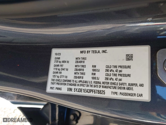 2023 Tesla Model 3 with VIN 5YJ3E1EA3PF678825, listed as a IAAI auction lot 41283153 with 8,607 mi miles. Bid and sale history available at carsss.com. Image 9.