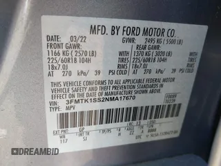 2022 Ford Mustang Mach-E Select with VIN 3FMTK1SS2NMA17670, listed as a IAAI auction lot 42095024 with 31,936 mi miles and . Bid and sale history available at DreamBid. Image 9.
