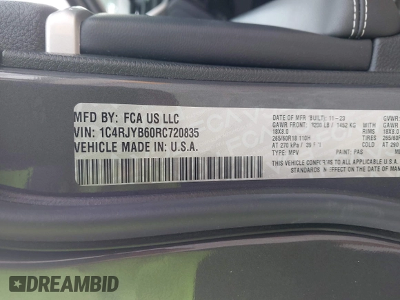 2024 Jeep Grand Cherokee with VIN 1C4RJYB60RC720835, listed as a IAAI auction lot 42608981 with 46,122 mi miles and . Bid and sale history available at DreamBid. Image 9.
