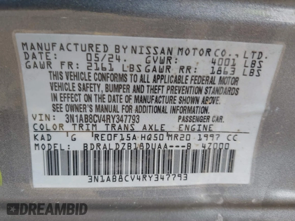 2024 Nissan Sentra SV with VIN 3N1AB8CV4RY347793, listed as a IAAI auction lot 41904205 with 9,196 mi miles. Bid and sale history available at carsss.com. Image 9.