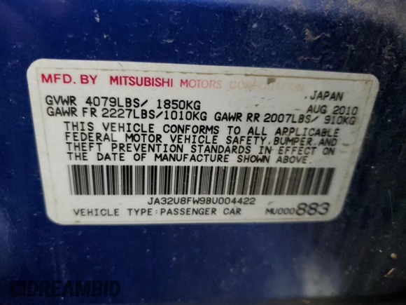 2011 Mitsubishi Lancer GTS with VIN JA32U8FW9BU004422, listed as a Copart auction lot 69990684 with 168,770 mi miles and Salvage Title. Bid and sale history available at DreamBid. Image 13.