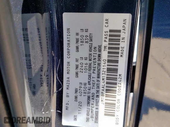 2021 Mazda 3 S with VIN JM1BPAAL4M1321140, listed as a Copart auction lot 52507325 with 53,514 mi miles and Salvage Title. Bid and sale history available at DreamBid. Image 12.