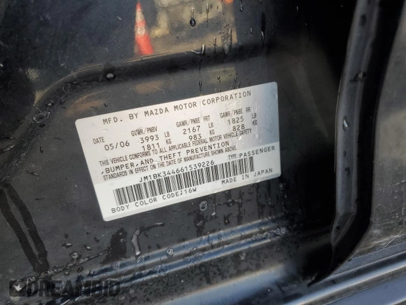 2006 Mazda 3 S Grand Touring with VIN JM1BK344661539226, listed as a Copart auction lot 87957735 with 211,806 mi miles and Salvage Title. Bid and sale history available at DreamBid. Image 12.
