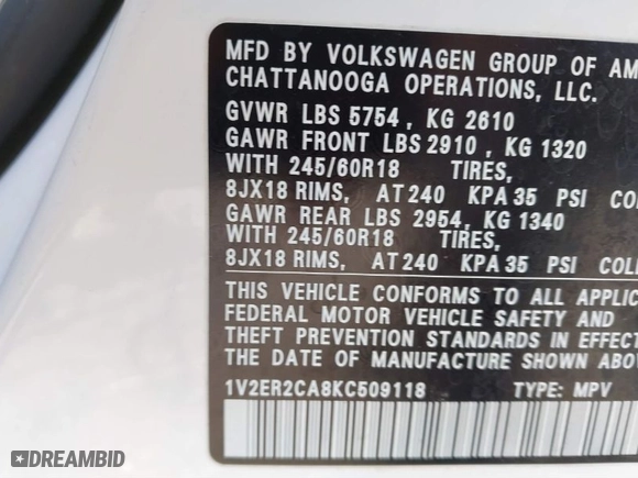 2019 Volkswagen Atlas 3.6L V6 SEL with VIN 1V2ER2CA8KC509118, listed as a IAAI auction lot 41589865 with 151,498 mi miles. Bid and sale history available at carsss.com. Image 9.