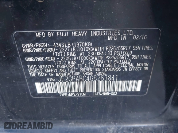 2016 Subaru Crosstrek Premium z VIN JF2GPABC4G8263841, wystawiony jako IAAI lot #42059013 z przebiegiem Nie podano mil oraz . Historia ofert i sprzedaży dostępna na DreamBid. Obrazek 9.