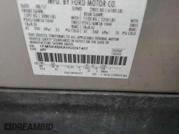 2017 Ford Explorer z VIN 1FM5K8B8XHGD97457, wystawiony jako Copart lot #45878955 z przebiegiem 124 281 mil mil oraz Szkoda całkowita • Salvage title. Historia ofert i sprzedaży dostępna na DreamBid. Obrazek 13.