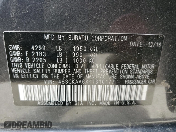 2019 Subaru Impreza with VIN 4S3GKAA6XK1610177, listed as a Copart auction lot 81584244 with 43,511 mi miles and Salvage title. Bid and sale history available at DreamBid. Image 12.