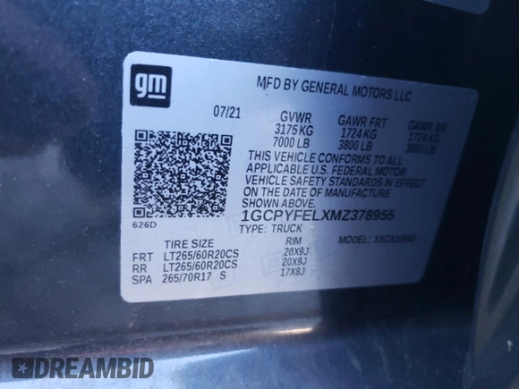 2021 Chevrolet Silverado 1500 LT Trail Boss with VIN 1GCPYFELXMZ378955, listed as a Copart auction lot 47390075 with 52,013 mi miles and Salvage Title. Bid and sale history available at DreamBid. Image 13.