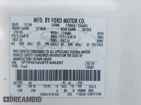 2007 Ford F-150 XLT with VIN 1FTPW14V87FA56297, listed as a IAAI auction lot 42048257 with 208,179 mi miles and . Bid and sale history available at DreamBid. Image 9.