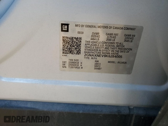 2019 Chevrolet Equinox Premier with VIN 2GNAXNEV9K6284005, listed as a Copart auction lot 88130665 with 153,178 mi miles and Salvage title. Bid and sale history available at DreamBid. Image 14.