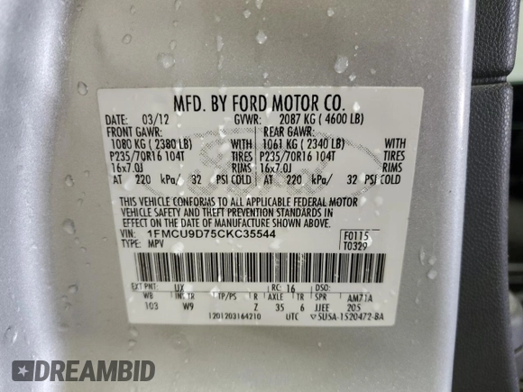 2012 Ford Escape XLT with VIN 1FMCU9D75CKC35544, listed as a Copart auction lot 65014435 with 135,740 mi miles and Salvage title. Bid and sale history available at DreamBid. Image 14.