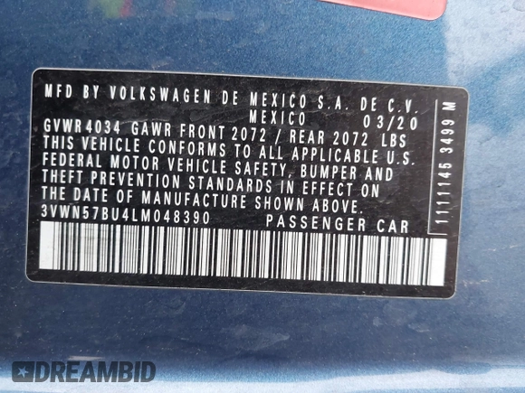 2020 Volkswagen Jetta S z VIN 3VWN57BU4LM048390, wystawiony jako IAAI lot #41946185 z przebiegiem 94 140 mil mil oraz . Historia ofert i sprzedaży dostępna na DreamBid. Obrazek 9.