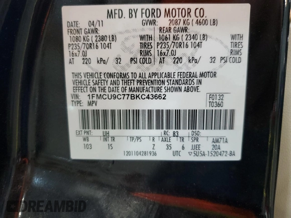 2011 Ford Escape XLS z VIN 1FMCU9C77BKC43662, wystawiony jako Copart lot #51779335 z przebiegiem 104 548 mil mil oraz Szkoda całkowita • Salvage title. Historia ofert i sprzedaży dostępna na DreamBid. Obrazek 15.