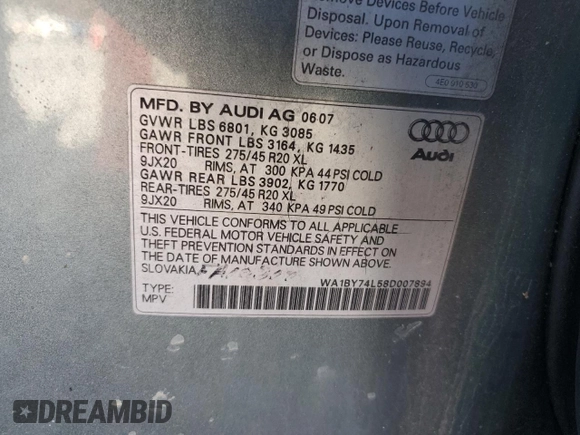 2008 Audi Q7 Premium with VIN WA1BY74L58D007894, listed as a Copart auction lot 87406794 with 103,583 mi miles and Salvage title. Bid and sale history available at DreamBid. Image 13.