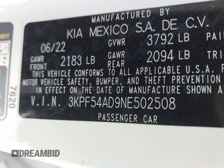 2022 Kia Forte GT-Line with VIN 3KPF54AD9NE502508, listed as a IAAI auction lot 42040553 with 31,652 mi miles and . Bid and sale history available at carsss.com. Image 9.