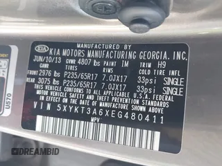 2014 Kia Sorento LX with VIN 5XYKT3A6XEG480411, listed as a IAAI auction lot 42008356 with 137,435 mi miles and . Bid and sale history available at DreamBid. Image 9.