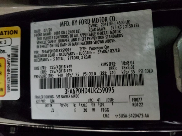 2020 Ford Fusion SE with VIN 3FA6P0HD4LR259095, listed as a Copart auction lot 41474345 with 79,259 mi miles and Non Repairable. Bid and sale history available at carsss.com. Image 12.