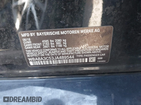 2018 BMW 3 Series 320i xDrive with VIN WBA8A3C53JA489544, listed as a IAAI auction lot 41948325 with 68,322 mi miles and . Bid and sale history available at DreamBid. Image 9.