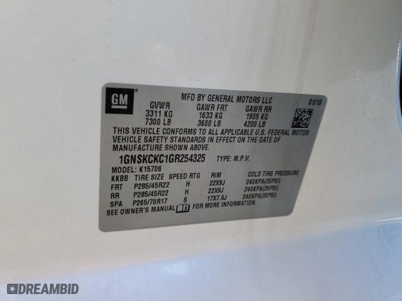 2016 Chevrolet Tahoe LTZ with VIN 1GNSKCKC1GR254325, listed as a Copart auction lot 41833005 with 115,144 mi miles and Salvage Title. Bid and sale history available at carsss.com. Image 13.