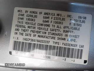 2009 Honda Accord LX-P with VIN 1HGCP26419A022337, listed as a IAAI auction lot 41859814 with 167,439 mi miles and . Bid and sale history available at DreamBid. Image 9.
