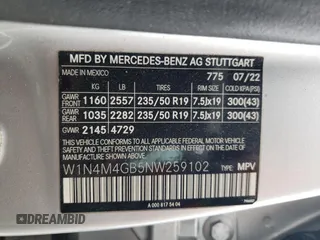 2022 Mercedes-Benz GLB 250 с VIN W1N4M4GB5NW259102, выставлен на аукционе Copart как лот 55212575 с пробегом Не указан миль и Списание • Salvage title. История ставок и продаж доступна на DreamBid. Изображение 13.