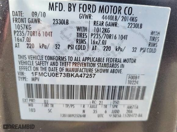 2011 Ford Escape Limited with VIN 1FMCU0E73BKA47257, listed as a IAAI auction lot 41707062 with 187,836 mi miles. Bid and sale history available at carsss.com. Image 9.